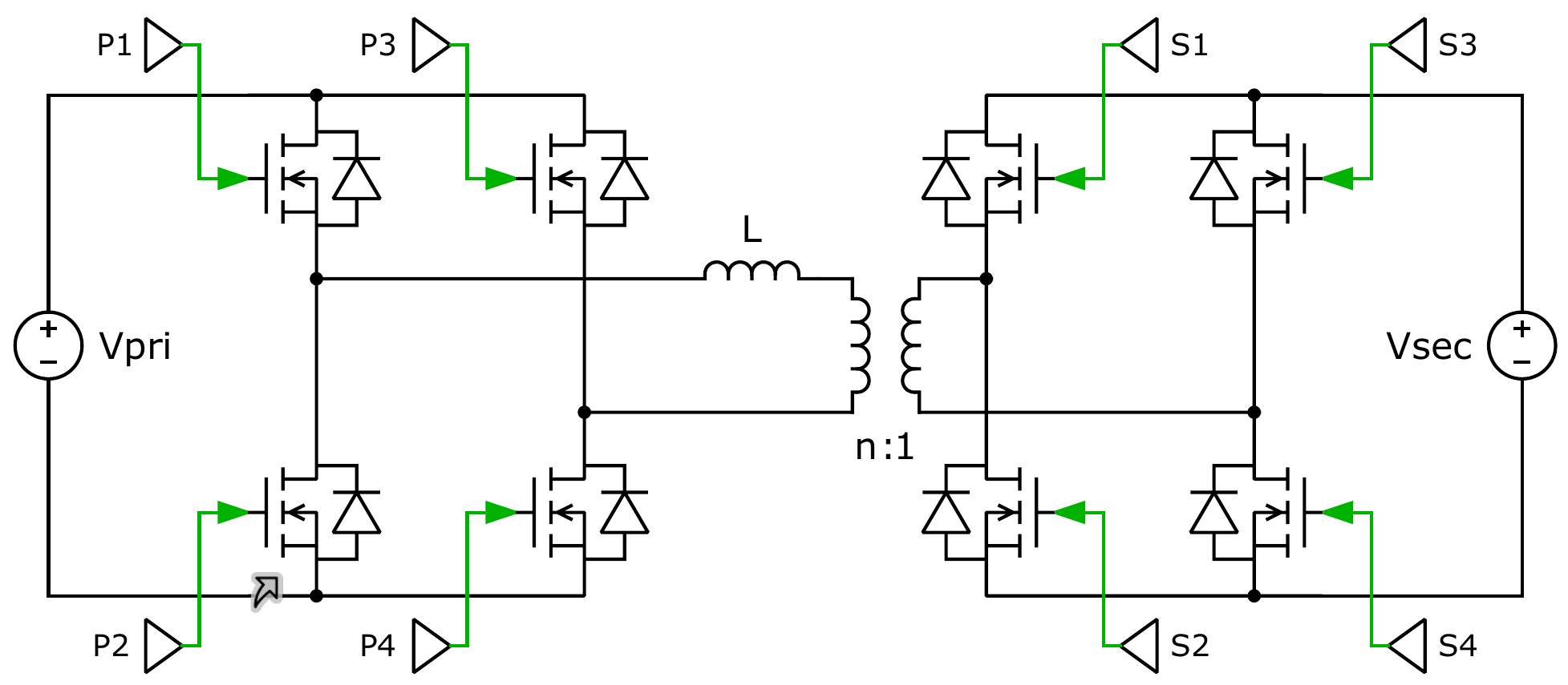 PLECS schematic of the Dual Active Bridge.